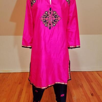 Vtg 1940's Polynesian raw silk Tunic and Pant ensemble hand embroidery/mirrors