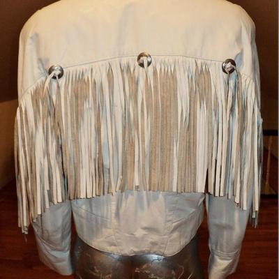 Vtg Western leather white fringe jacket metal silver hardware