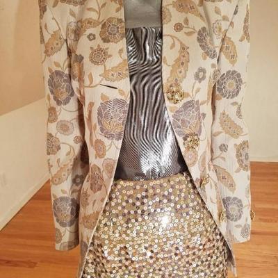 Vtg Albert Nipon 3pc skirt suit metallic lame' top sequin skirt