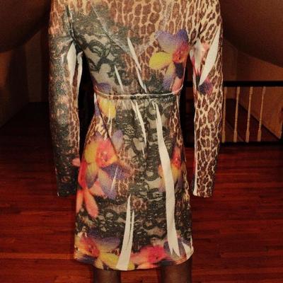 Vtg Animal print body con dress knit spandex 