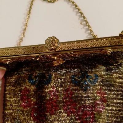 Antique edwardian French Jeweled micro beaded gilded bag w/fringes