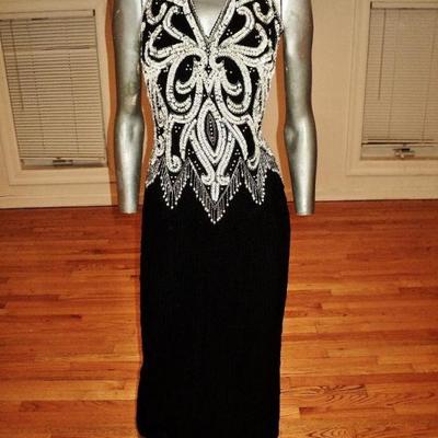 Vtg Jovani silk halter maxi all beaded & sequined black & white Gown