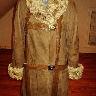 Vtg 1970's shearling mouton suede camel leather coat