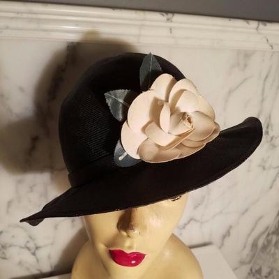 vtg Adolfo tilt brim straw hat millinery flower 