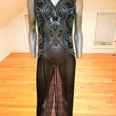 Vtg silk hand beaded layering flapper maxi dress on chiffon back slit 