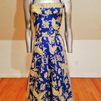 Vtg 1940's Polynesian hand painted print batik dress with long shawl ensemble