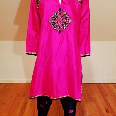 Vtg 1940's Polynesian raw silk Tunic and Pant ensemble hand embroidery/mirrors