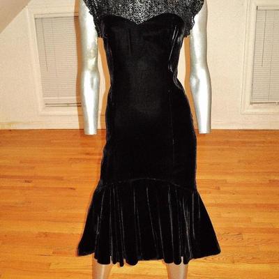 Vtg A J Bari velour midi charleston dress illusion sweetheart bodice