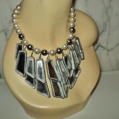 Vtg 1960's Gun Metal Necklace hanging mirrors on resin choker style with pearls