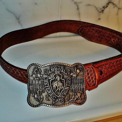  Cheyenne frontier leather carved belt solid brass buckle 100 years frontier days