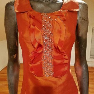 Orange Lame silk embellished mini dress ruffled bodice with collar