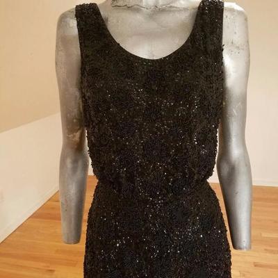 Vtg 1930's silk crepe flapper dress hand beaded embroidered sequins