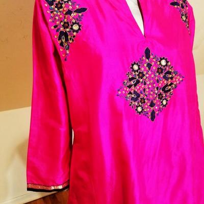 Vtg 1940's Polynesian raw silk Tunic and Pant ensemble hand embroidery/mirrors