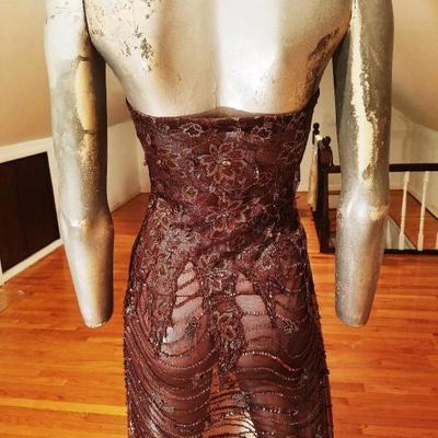 Vtg 1970's Layering lace gown w/bolero gold embossed and beaded 