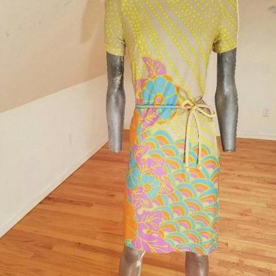 Vtg 1960's Floral silk screened print wiggle dress piped belt acetate 