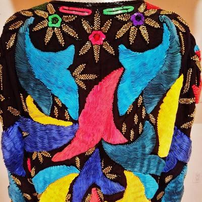 Vtg 1970's silk bright beaded embroidered ribbon embellished silk jacket 