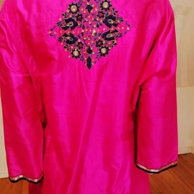 Vtg 1940's Polynesian raw silk Tunic and Pant ensemble hand embroidery/mirrors