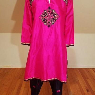 Vtg 1940's Polynesian raw silk Tunic and Pant ensemble hand embroidery/mirrors