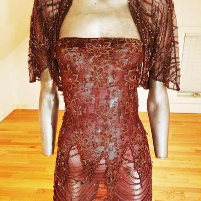 Vtg 1970's Layering lace gown w/bolero gold embossed and beaded 