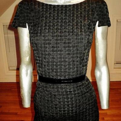 Vtg Carmen Marc Valvo puckered wiggle dress with patent leather black belt