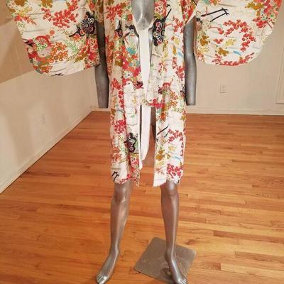 Vtg 1940's Japanese Haori Hand painted raw silk kimono Shibori art gold