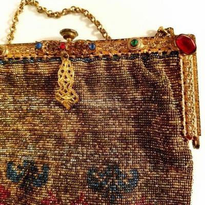 Antique edwardian French Jeweled micro beaded gilded bag w/fringes