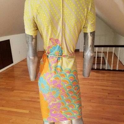 Vtg 1960's Floral silk screened print wiggle dress piped belt acetate 