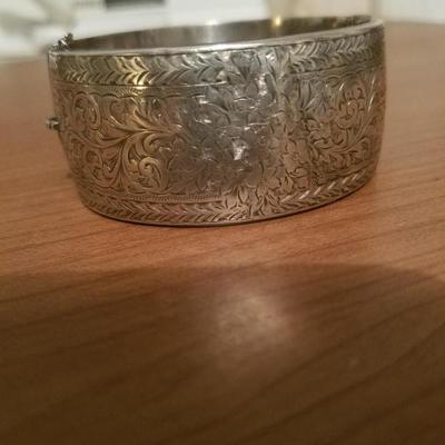 Antique English sterling silver bangle carved
