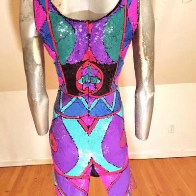 Vtg 1970's Geometric silk dress fully sequined embellished Amazing 