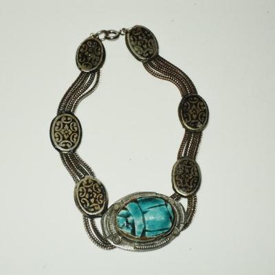Vtg 1940's old Rare silver Scarab Beetle bracelet filigree embossed Egypt