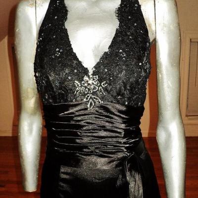 Vintage halter Satin gown shirred sash guipure lace embellished rhinestones  