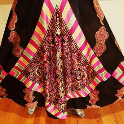 Vtg Elinor Gay 1960's maxi psychedelic hobo chic trapeze dress velour bodice