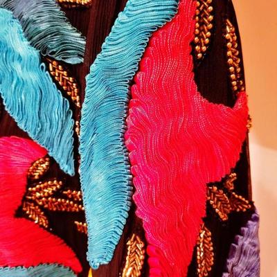 Vtg 1970's silk bright beaded embroidered ribbon embellished silk jacket 