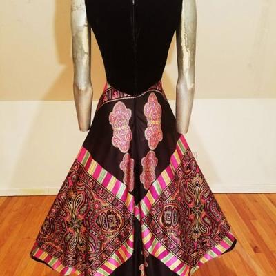 Vtg ELINOR GAY 1960's maxi Psychedelic trapeze hobo chic dress velvet bodice