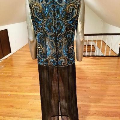 Vtg silk hand beaded layering flapper maxi dress on chiffon back slit 