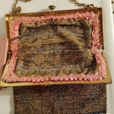 Antique edwardian French Jeweled micro beaded gilded bag w/fringes