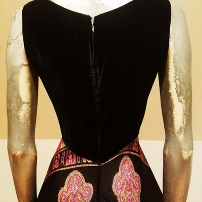 Vtg Elinor Gay 1960's maxi psychedelic hobo chic trapeze dress velour bodice