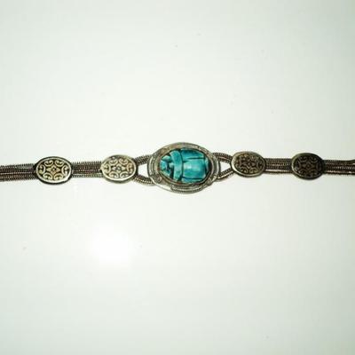 Vtg 1940's old Rare silver Scarab Beetle bracelet filigree embossed Egypt