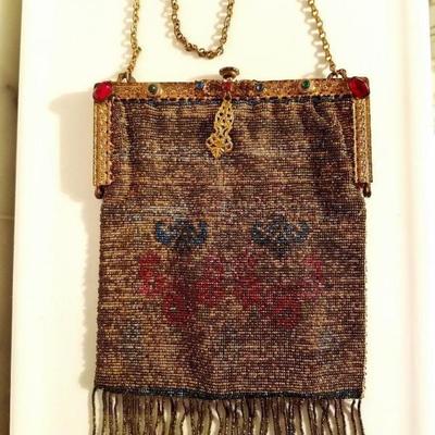 Antique edwardian French Jeweled micro beaded gilded bag w/fringes