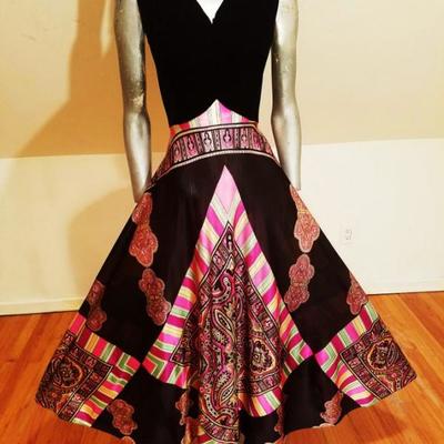 Vtg ELINOR GAY 1960's maxi Psychedelic trapeze hobo chic dress velvet bodice