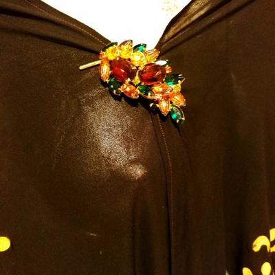  French 1930's hand painted Rare silk Shawl/Pareo crystal Brooch fringes large  