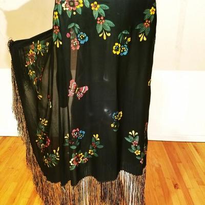  French 1930's hand painted Rare silk Shawl/Pareo crystal Brooch fringes large  