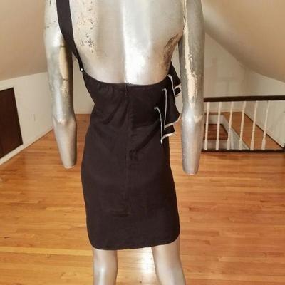 Single shoulder silk short dress silver ruffle trim Kara Janx