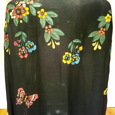  French 1930's hand painted Rare silk Shawl/Pareo crystal Brooch fringes large  