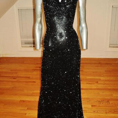 Vtg silk Onyx maxi gown with train extremely heavy beaded bias cut