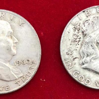 2 Franklin Half Dollars US Coins 90% Silver 1960, 1962 