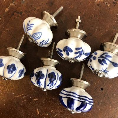 lot/6 Blue Delft Ceramic Drawer Pulls Knobe Handle