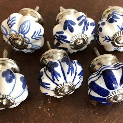 lot/6 Blue Delft Ceramic Drawer Pulls Knobe Handle