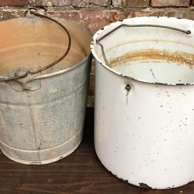 Tin Bucket, Enamel Bucket Rustic Yard Art 