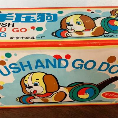 Tin Litho Push and Go Dog Toy w/Box 